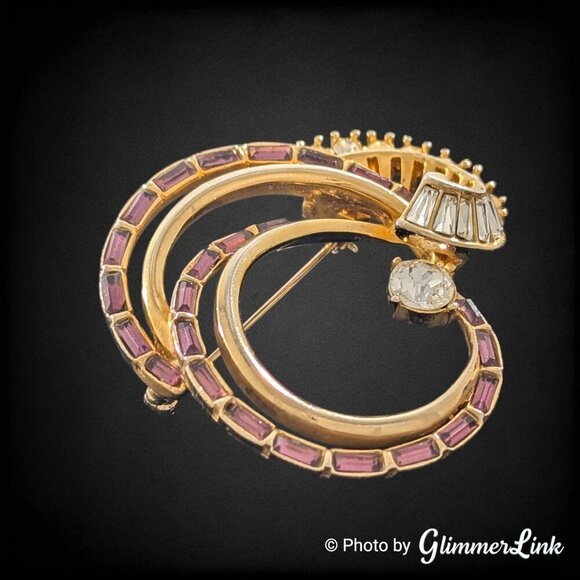 MCM Purple & Clear Rhinestone Brooch | BB Signed | Gold Tone Double Circle Retro - Picture 2 of 7